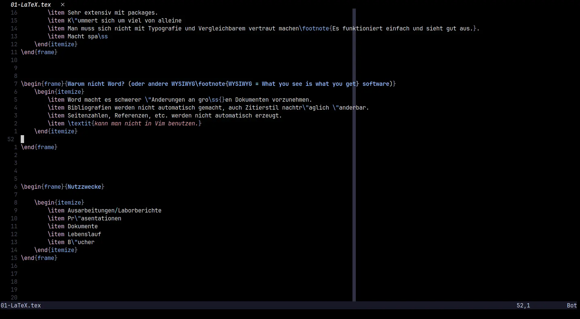 Screenshot of neovim opened with TeX code in it